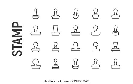 Vector set of stamp thin line icons. Design of 20 stroke pictograms. Signs of stamp isolated on a white background.