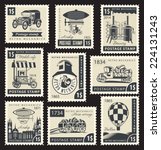 vector set of stamps on the theme of retro mechanics