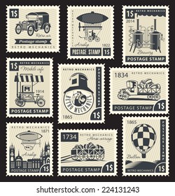 vector set of stamps on the theme of retro mechanics