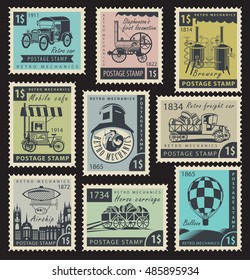 vector set of stamps on the theme of retro mechanics