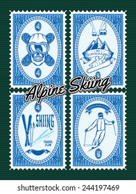 vector set of stamps with winter extreme sports