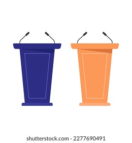 Vector set of stand with microphones, tribune, podium for speakers, for debate. Vector illustration. Isolated on a white background.