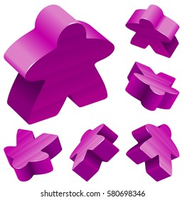 Vector set of standard wooden meeples for board games. Purple gaming pieces isolated on white background. Boardgames symbol for advertisement, community icons or geek print