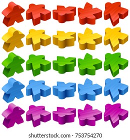 Vector set of standard wooden meeples for board games. Multicolor game pieces isolated on white background. Boardgames symbol for community icons or geek print