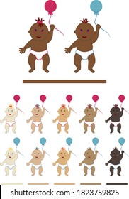 Vector set of standing babies in diapers and holding a balloon in their hand. Simple flat cliparts of toddler boys and girls with different skin, eye and hair color