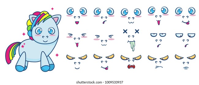 Vector set of standing cute pony with different face emotions. Cute cartoon illustration