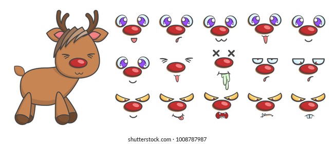 Vector set of standing rudolph reindeer with different face emotions. Cute cartoon illustration