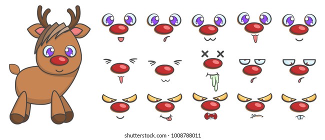 Vector set of standing rudolph reindeer with different face emotions. Cute cartoon illustration