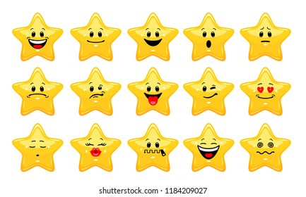 Vector set of star emoticons. Collection of yellow stars with different emotions in cartoon style on white background
