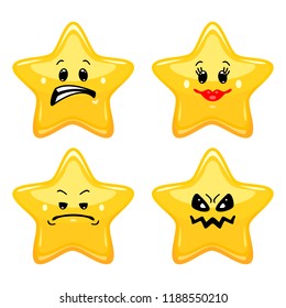 Vector set of star emoticons. Collection of yellow stars with different emotions in cartoon style on white background