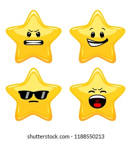 Vector set of star emoticons. Collection of yellow stars with different emotions in cartoon style on white background