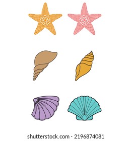 Vector Set of Star Fish and Sea Shell Illustrations on White Background 