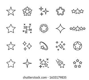 Vector set of star line icons. Contains icons of five stars, sparkle, twinkle, rating, falling star, starry night and more. Pixel perfect.