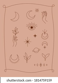 Vector set of star , moon, hands and plants. Meditation clipart. Bali collection