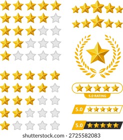 Vector set of star rating icons and quality badges. Five star customer review feedback elements, golden ranking symbols with laurel wreath and numeric 5.0 score indicators isolated on white.