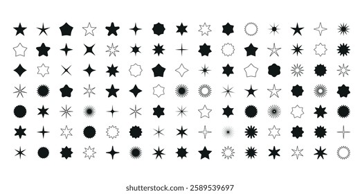 Vector set of star shape icons. Retro futuristic elements collection. Abstract cool shine effect sign vector design. Template for ads design, posters, logo, banner, business cards