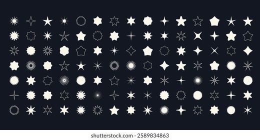 Vector set of star shape icons. Retro futuristic elements collection. Abstract cool shine effect sign vector design. Template for ads design, posters, logo, banner, business cards