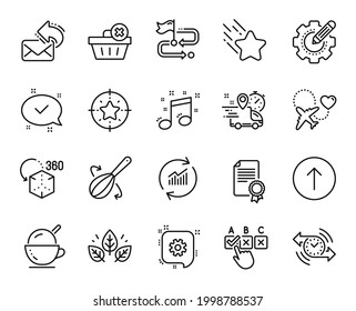 Vector set of Star target, Correct checkbox and Approved line icons set. Swipe up, Share mail and Express delivery icons. Ice cream, Travel path and Falling star signs. Star target web symbol. Vector