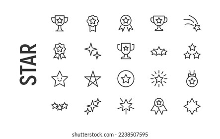 Vector set of star thin line icons. Design of 20 stroke pictograms. Signs of star isolated on a white background.