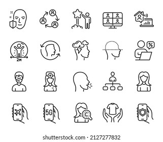 Vektorset von Star-, Video-Konferenz- und Security-App-Symbolen. Frauen, medizinische Maske und Online-Rabatte Symbole. Teamwork, Hold-T-Shirt und Work Home-Schilder. Star-Websymbol. Vektorgrafik