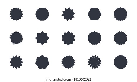 Conjunto de vectores de calcomanías de starburst. Promoción de los rayos de las estrellas, venta de silueta negra. Sticker Sunstar 15 sobre fondo blanco en estilo plano.