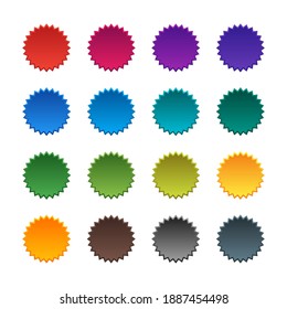 Vector set of starburst, sunburst icons. Multicolored icons on a white background. Simple flat vintage labels, stickers. Special offer sale tag, discount offer price label.