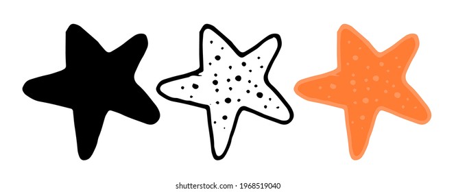 Vector set of starfish. isolated starfish element line and silhouette in black and orange doodle style pattern with dot texture for design template. the symbol of a beach holiday