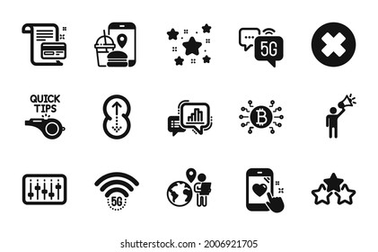 Conjunto vectorial de estrellas, sistema de bitcoin y iconos del controlador Dj conjunto simple. 5g wifi, gráfico de gráficos y iconos de aplicaciones de alimentos. 5g Internet, deslizar y subcontratar señales de trabajo. Símbolo web simple de las estrellas. Vector