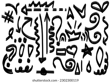 Vector set of stars, crown, arrows, hearts, mark, signs and symbols. Hand drawn, doodle elements isolated on white background.

