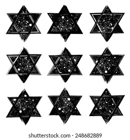 Vector set of the stars of David created in grunge style. Elements for your design.