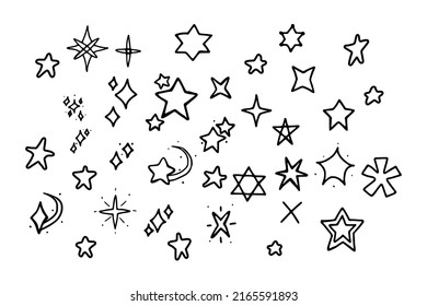 Vector set of stars in doodle style isolated on white background. Outline vector illustration of hand drawn stars.