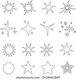 Vector set of stars icon. Black lineal stars on a white background. Space object, spark, flash, light. Good for stickers, web, print, newyear design, brochures, flyers.