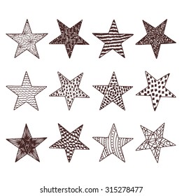 Vector Set of Stars. Stars icons. Stars with different patterns. Hand drawn doodle Stars.