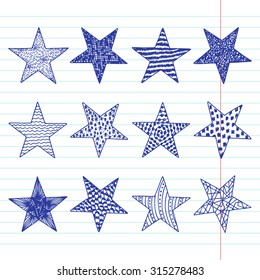 Vector Set of Stars. Stars icons. Stars with different patterns. Hand drawn doodle Stars.
