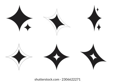 Vector set stars on the white background, starburst and retro futuristic graphic ornaments for decoration.