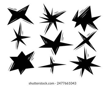 Vector conjunto de estrellas y polígonos de diferentes Formas y tamaños. Símbolos negros sobre fondo blanco. Elementos de diseño