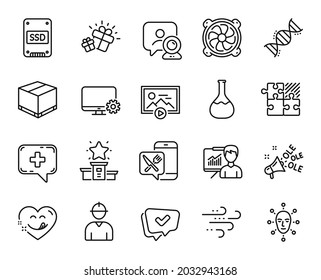 Vector set of Start presentation, Chemistry lab and Face biometrics line icons set. Presentation, Ssd and Winner podium icons. Food app, Computer fan and Video conference signs. Vector