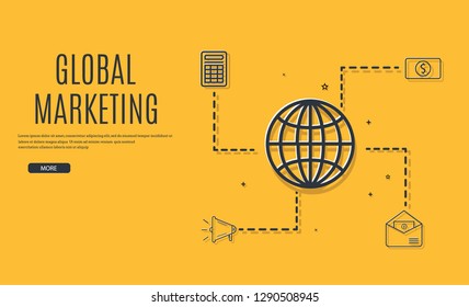 Vector set of start screens for sites. Digital marketing, email, global, mixed and mobile design concept. Modern line style concept for web banners. On yellow background