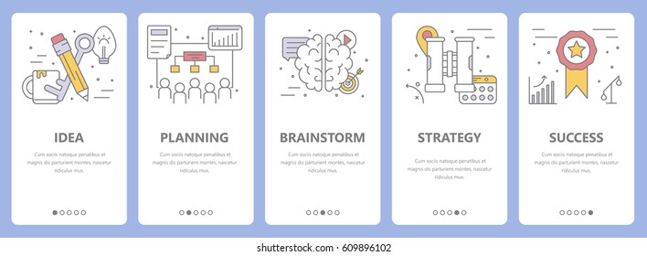 Vector set of startup concept vertical banners. Idea, planning, brainstorm, strategy and success concept elements. Thin line flat design symbols, icons for website menu, print.