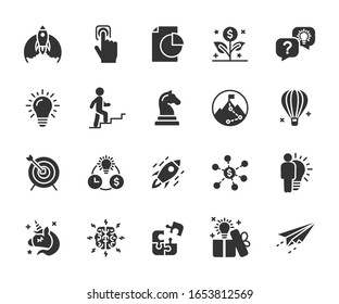 Vector set of startup flat icons. Contains icons idea, launch project, strategy, goal, brainstorming, unicorn and more. Pixel perfect.