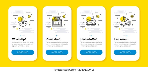 Vector set of Startup, Shop and Arena line icons set. UI phone app screens with line icons. Cash icon. Innovation, Store, Sport stadium. Atm payment. Phone UI banners. Startup line icon. Vector