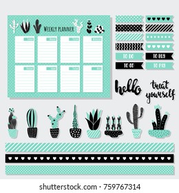 vector set of stationery collection, weekly planner, stickers, cactus illustration