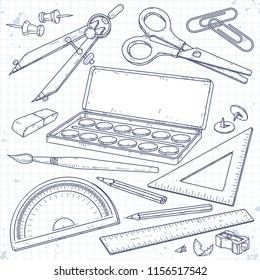 Vector set stationery for school and student, paint and brush, a compass, scissors and a pencil