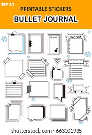 Vector set of stationery stickers. Bullet journal graphic elements. Set 3, including paper pages, diary, pages with scotch, lined note with paper clip, text clouds, flag ribbons. Printable icons