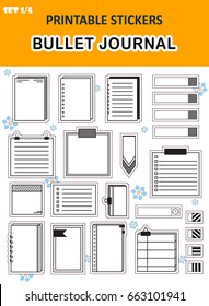 Vector set of stationery stickers. Bullet journal graphic elements. Set 1, including simple paper notes, notebook, pages with perforation, lined, book with paper clip, sticky notes. Printable icons