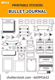 Vector set of stationery stickers. Bullet journal graphic elements. Set 5, including square smiles, ribbon flags, envelopes, sticky notes with paper clip, text cloud. Printable icons