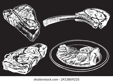 Vector set of steaks on black , grilled meat illustration, food element