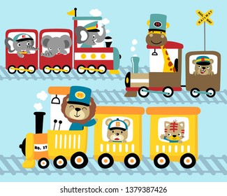 Vector set of steam train cartoon with funny animals