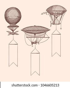 Vector set of steampunk hand drawn vintage air balloons with hanging wide ribbons for text illustration