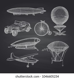 Vector set of steampunk hand drawn dirigibles, bicycles and cars on black chalkboard illustration